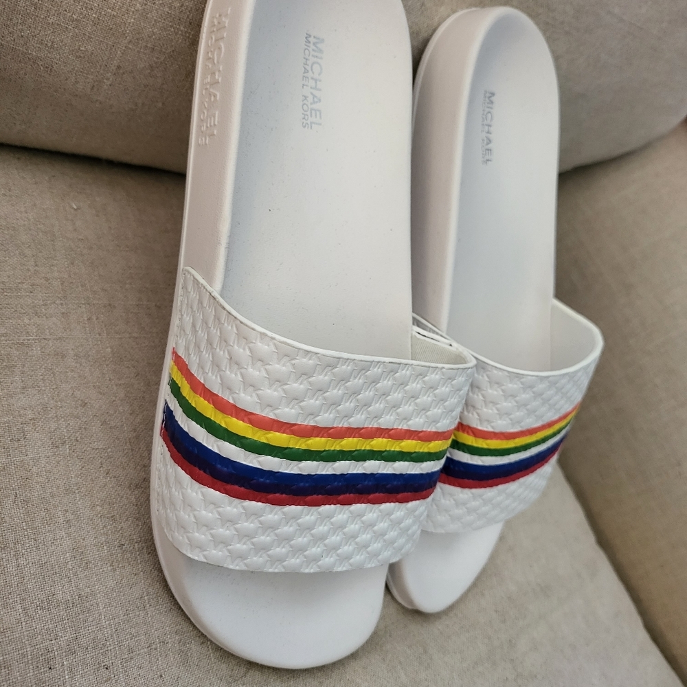 Women White Multi color Michael Kors slides size 10 never worn!!!